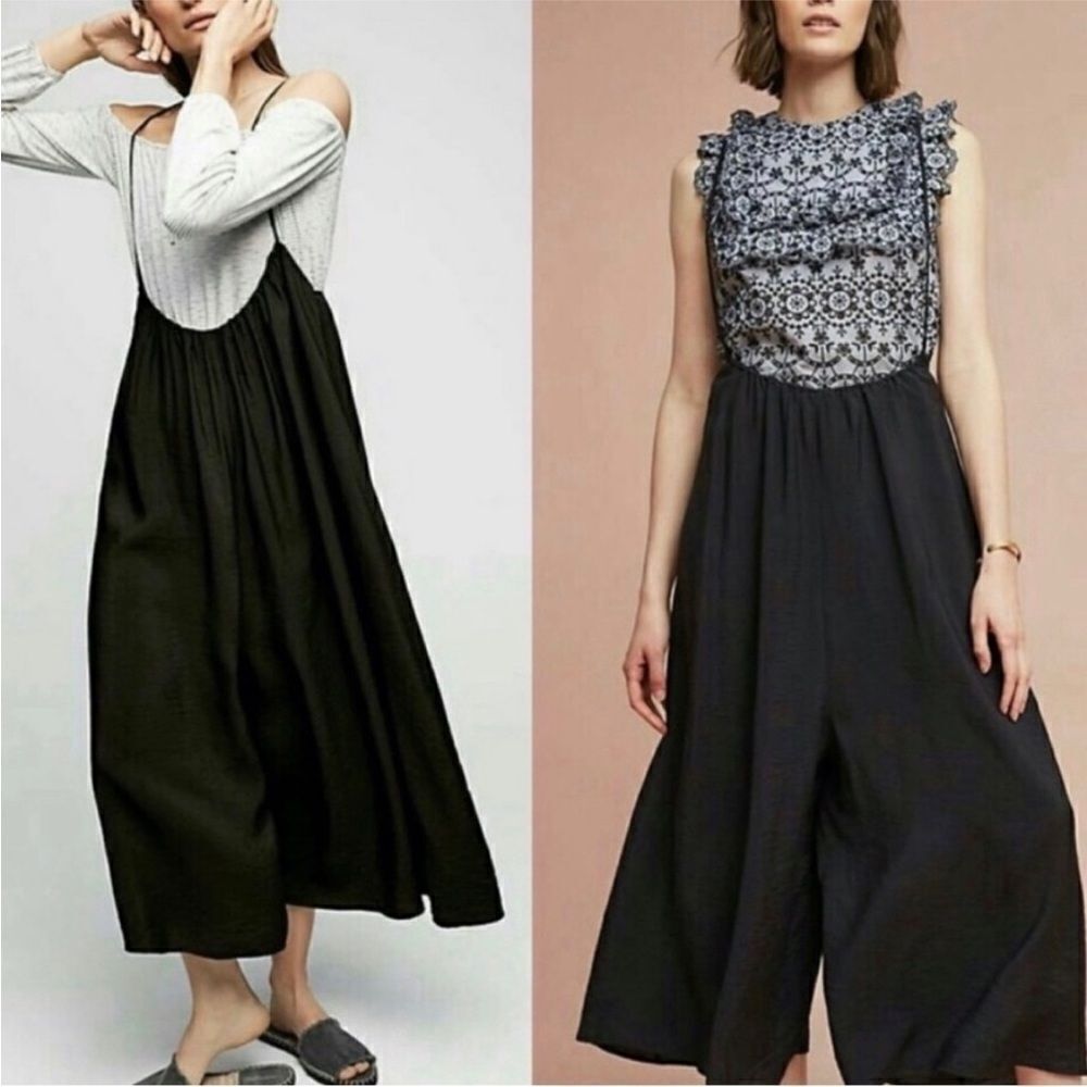 Akemi + Kin Anthropologie Womens Small Black  Suspender Jumpsuit Wide Leg